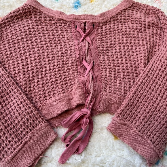 Free People | Maybe Baby Mauve Waffle Knit Bell Sleeve Lace Up Sweater - Picture 4 of 12
